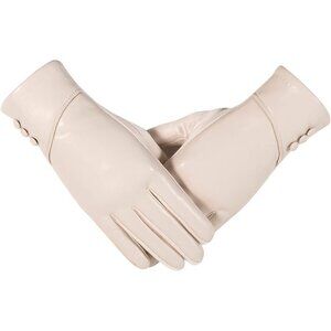 Women's White Winter Leather Suede Gloves Wool Lined Windproof Touchscreen